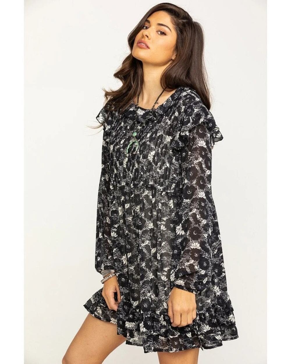Free People These Dreams Black Chiffon Floral Ruffled Long Sleeve Mini Dress S